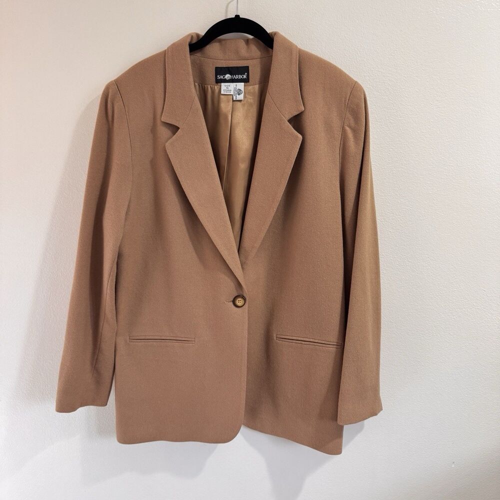 Vintage SAG Harbor Blazer Jacket Womens 16 100% Pure Wool Tan Camel Preppy Chic